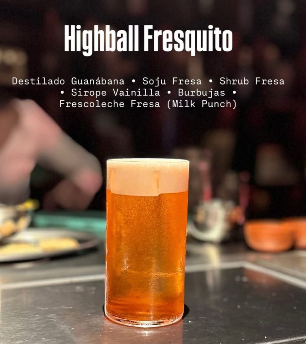 Highball Fresquito, an amber strawberry milk-punch highball